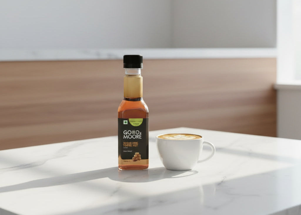 A bottle of Good & Moore Sugar Free Toffee Nut syrup next to a white ceramic cup filled with a latte art coffee, set against a plain white background.